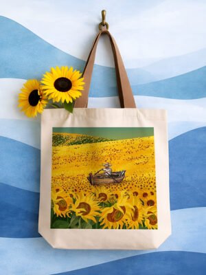 Boat in Sunflower Meadow Canvas Tote